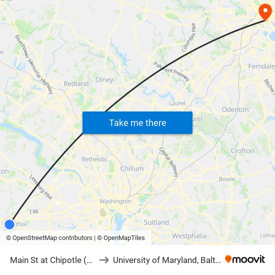 Main St at Chipotle (Holly) to University of Maryland, Baltimore map