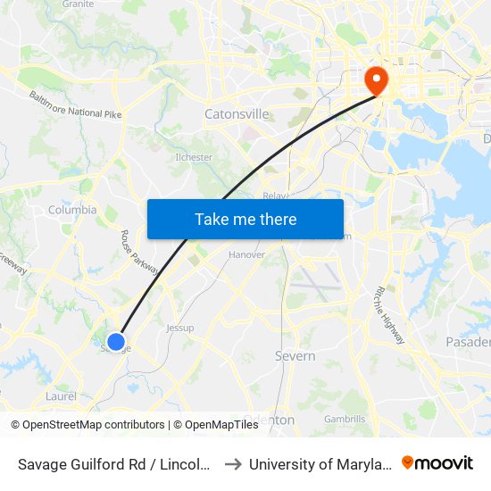 Savage Guilford Rd / Lincoln St (Southbound) to University of Maryland, Baltimore map