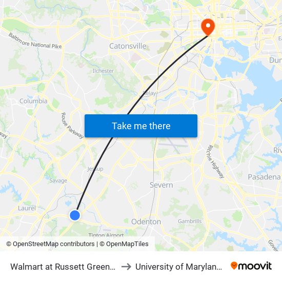 Walmart at Russett Green East - Laurel to University of Maryland, Baltimore map