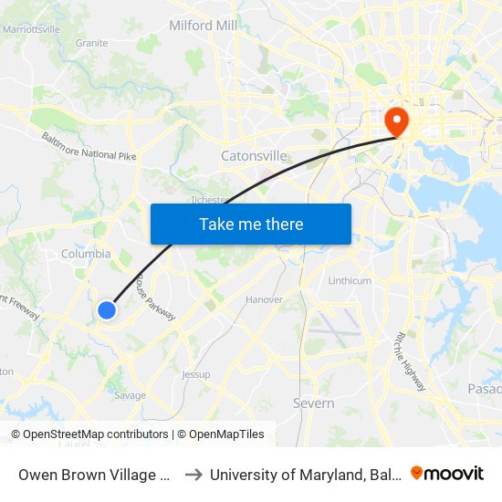 Owen Brown Village Center to University of Maryland, Baltimore map