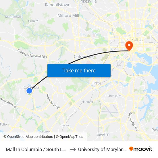 Mall In Columbia / South Lot (Westbound) to University of Maryland, Baltimore map