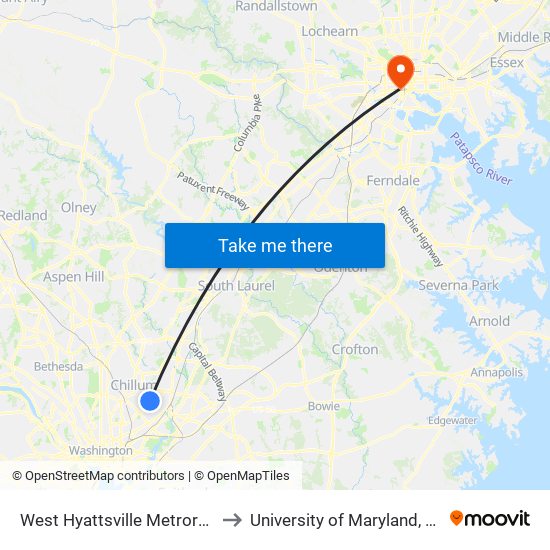 West Hyattsville Metrorail Station to University of Maryland, Baltimore map