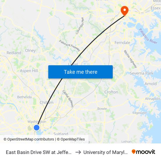 East Basin Drive SW at Jefferson Memorial (Wb) to University of Maryland, Baltimore map