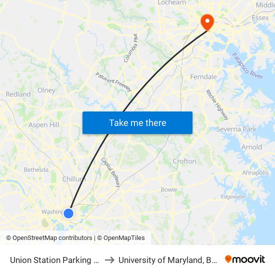 Union Station Parking Garage to University of Maryland, Baltimore map