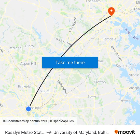Rosslyn Metro Station to University of Maryland, Baltimore map