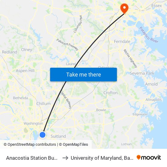 Anacostia Station Bus Bay F to University of Maryland, Baltimore map