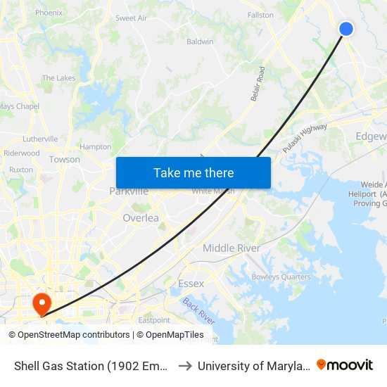 Shell Gas Station (1902 Emmorton Rd/Rt 924) to University of Maryland, Baltimore map