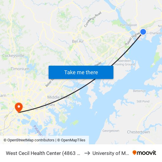 West Cecil Health Center (4863 Pulaski Hwy/Us 40 at Roundabout) to University of Maryland, Baltimore map