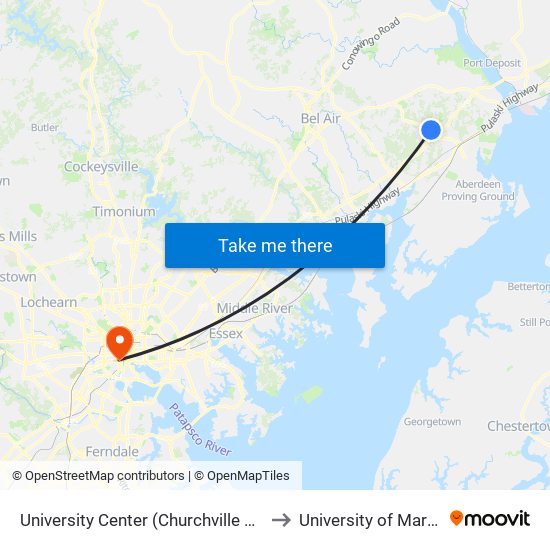 University Center (Churchville Rd/Rt 22 & Technology Dr) to University of Maryland, Baltimore map