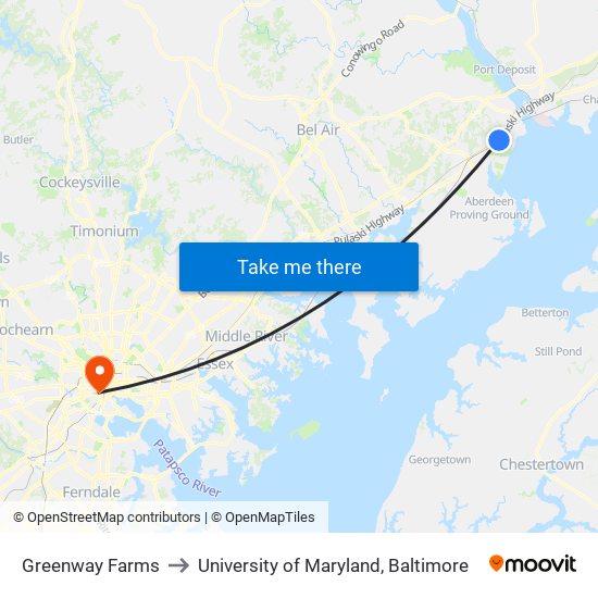 Greenway Farms to University of Maryland, Baltimore map