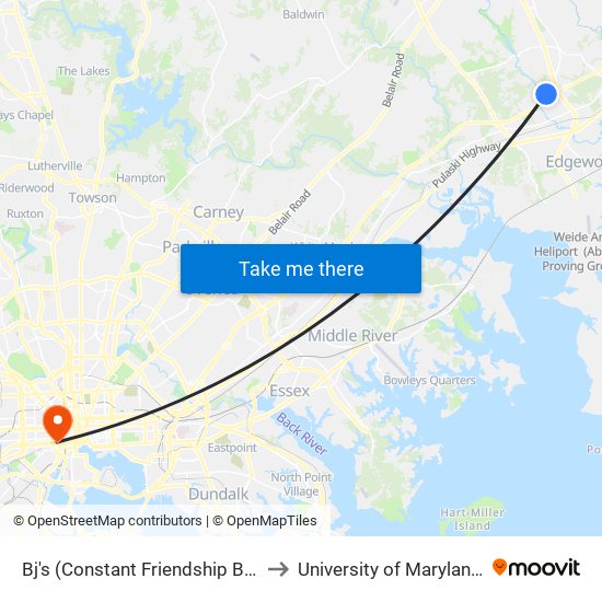 Bj's (Constant Friendship Blvd Near Circle) to University of Maryland, Baltimore map