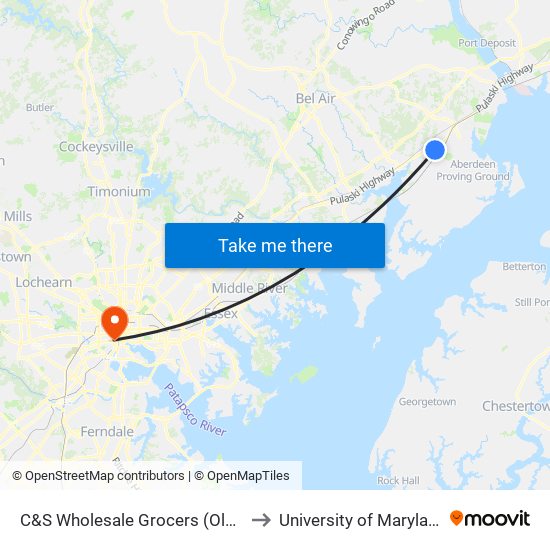 C&S Wholesale Grocers (Old Philadelphia Rd) to University of Maryland, Baltimore map