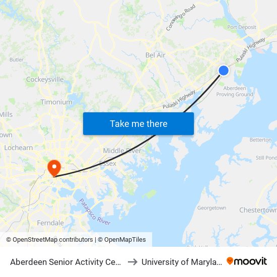 Aberdeen Senior Activity Center (7 Franklin St) to University of Maryland, Baltimore map