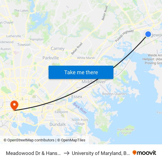 Meadowood Dr & Hanson Road to University of Maryland, Baltimore map