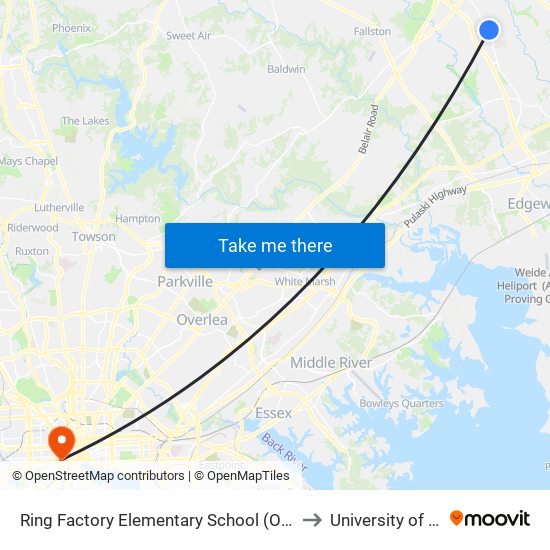 Ring Factory Elementary School (Opposite Emmorton Rd/Rt 924 & Lexington Rd) to University of Maryland, Baltimore map