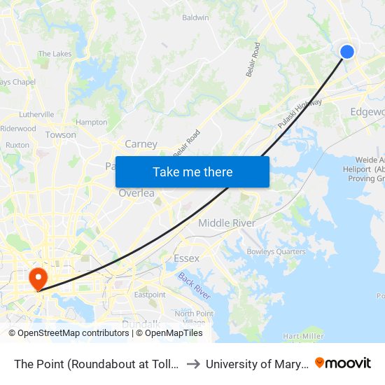 The Point (Roundabout at Tollgate Rd & Westover Ln) to University of Maryland, Baltimore map