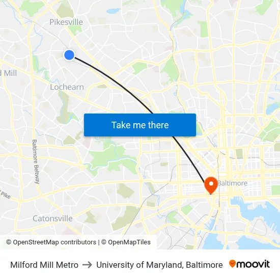 Milford Mill Metro to University of Maryland, Baltimore map