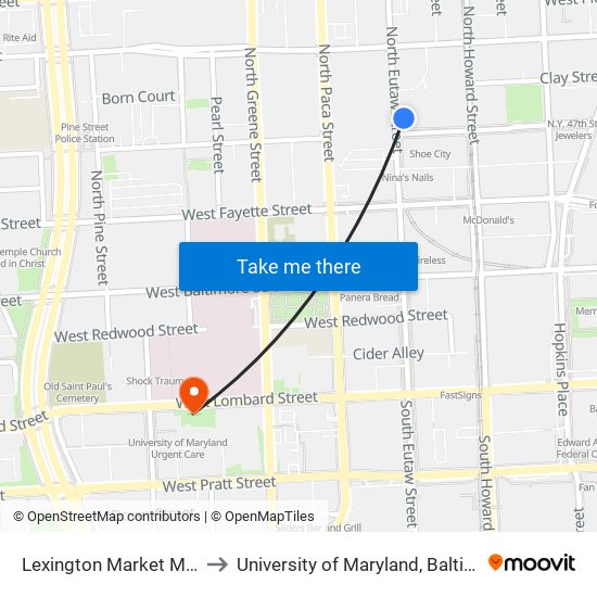 Lexington Market Metro to University of Maryland, Baltimore map