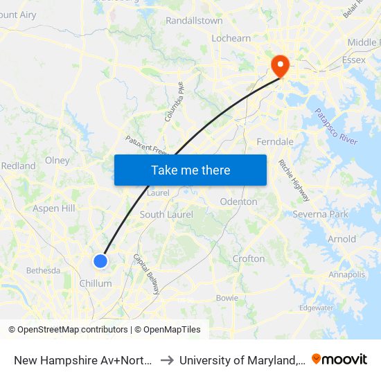 New Hampshire Av+Northampton Dr to University of Maryland, Baltimore map