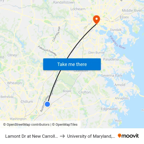 Lamont Dr at New Carrollton Library to University of Maryland, Baltimore map