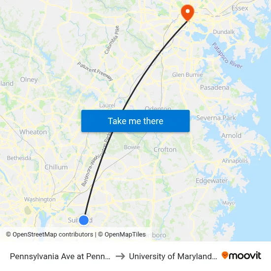 Pennsylvania Ave at Penn Crossing Dr to University of Maryland, Baltimore map