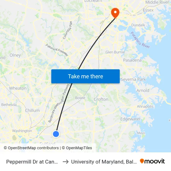 Peppermill Dr at Canyon Dr to University of Maryland, Baltimore map
