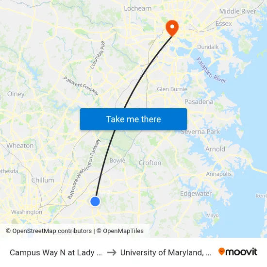 Campus Way N at Lady Grove Rd to University of Maryland, Baltimore map