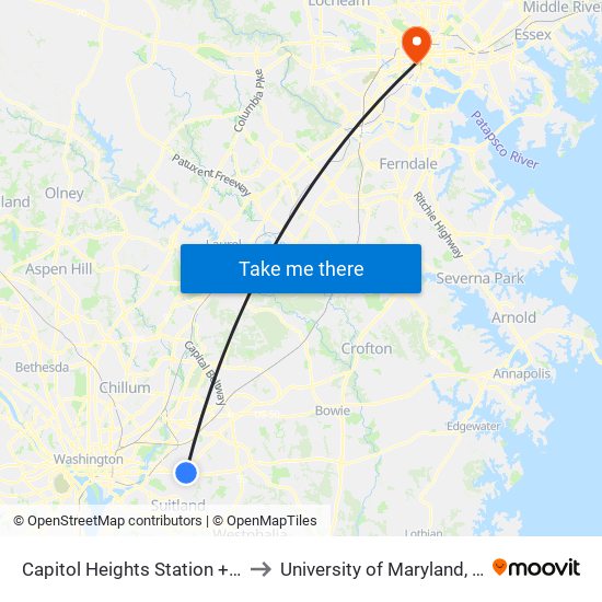 Capitol Heights Station + Bus Bay B to University of Maryland, Baltimore map