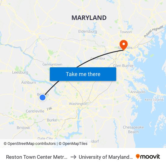 Reston Town Center Metrorail Station to University of Maryland, Baltimore map