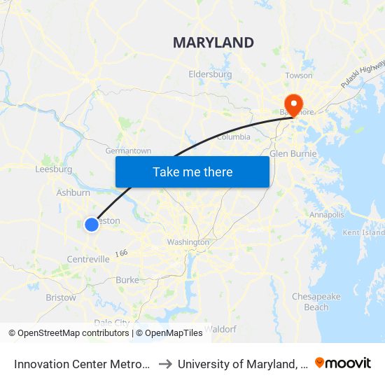 Innovation Center Metrorail Station to University of Maryland, Baltimore map