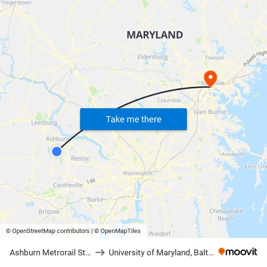 Ashburn Metrorail Station to University of Maryland, Baltimore map