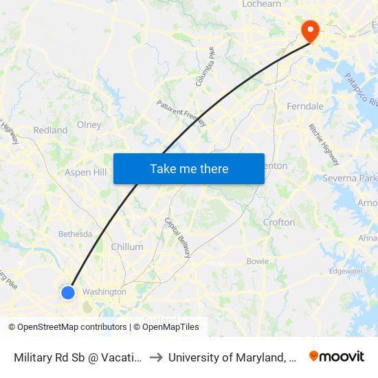 Military Rd Sb @ Vacation Ln Ns to University of Maryland, Baltimore map