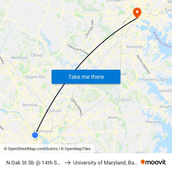 N Oak St Sb @ 14th St N MB to University of Maryland, Baltimore map