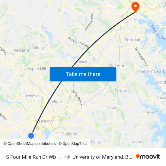 S Four Mile Run Dr Wb at 4191 to University of Maryland, Baltimore map