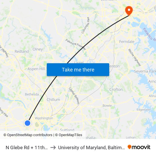 N Glebe Rd + 11th St to University of Maryland, Baltimore map