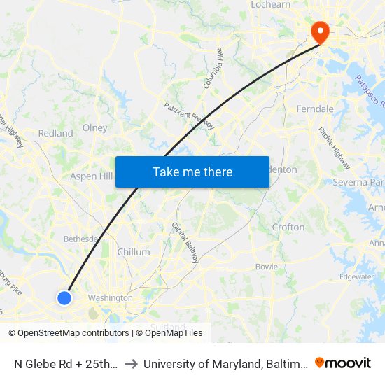 N Glebe Rd + 25th St to University of Maryland, Baltimore map