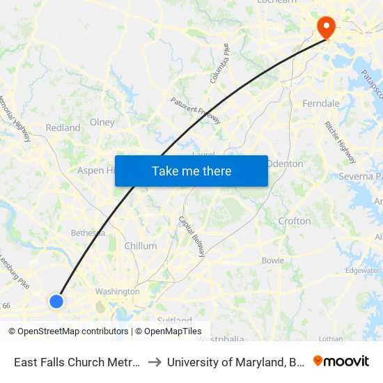 East Falls Church Metro Bay C to University of Maryland, Baltimore map