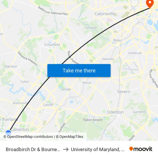 Broadbirch Dr & Bournefield Way to University of Maryland, Baltimore map