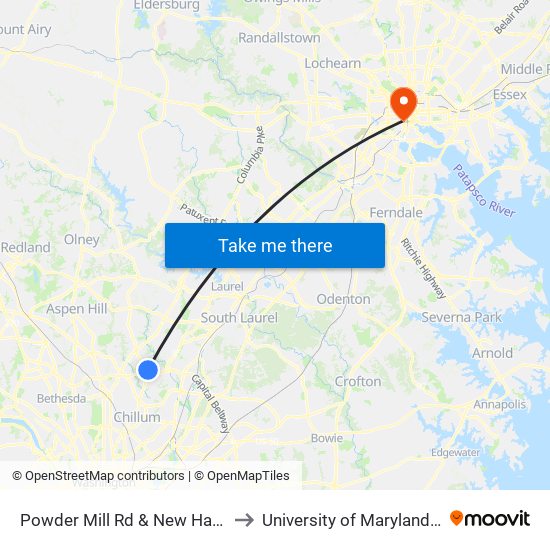 Powder Mill Rd & New Hampshire Ave to University of Maryland, Baltimore map