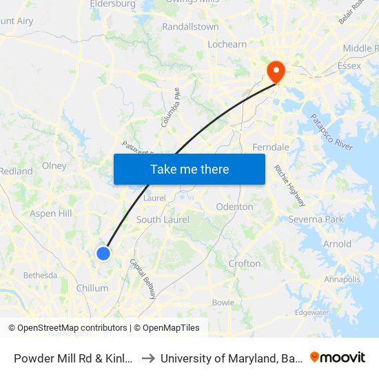 Powder Mill Rd & Kinloch Rd to University of Maryland, Baltimore map