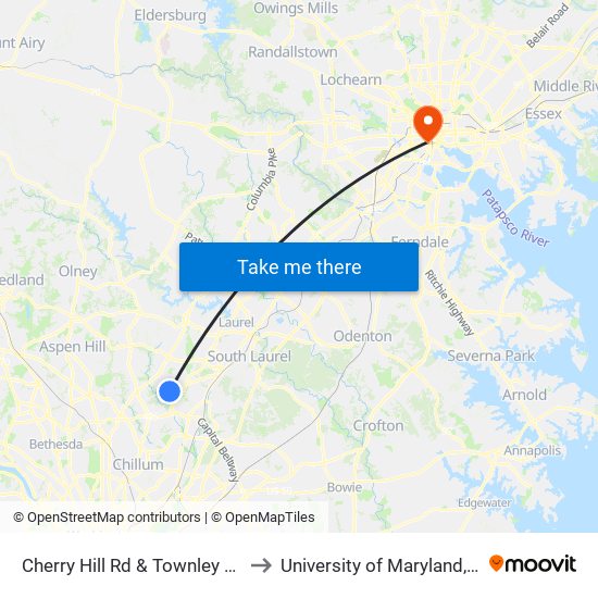 Cherry Hill Rd & Townley Apartments to University of Maryland, Baltimore map