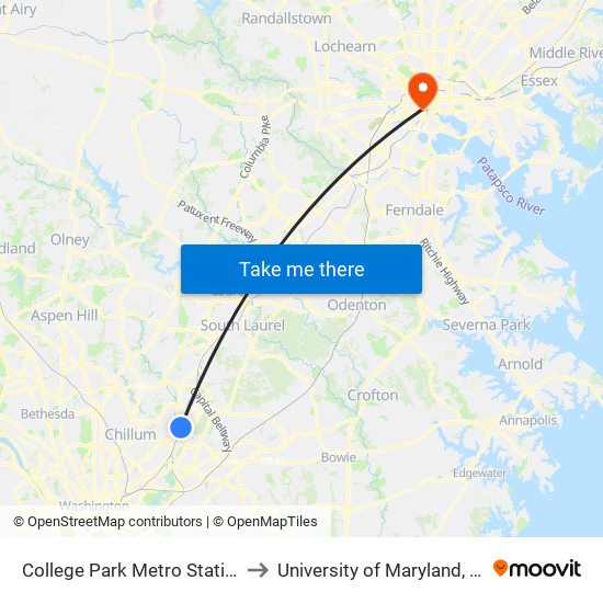 College Park Metro Station - Bay D to University of Maryland, Baltimore map