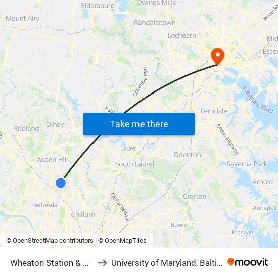 Wheaton Station & Bay F to University of Maryland, Baltimore map