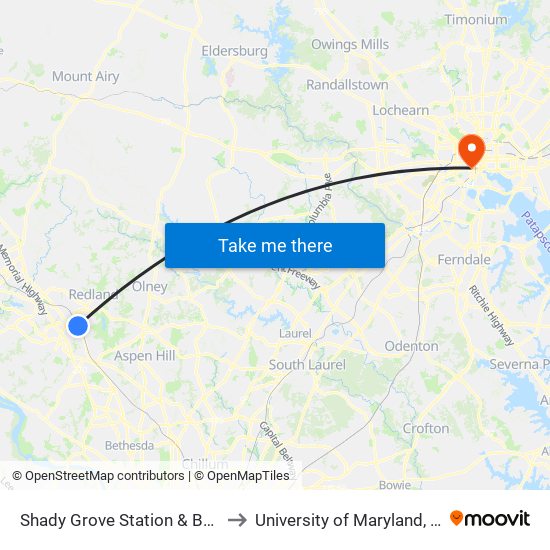 Shady Grove Station & Bay B - West to University of Maryland, Baltimore map