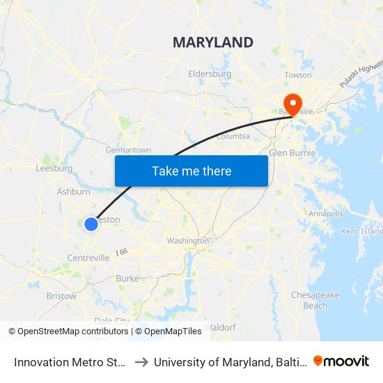 Innovation Metro Station to University of Maryland, Baltimore map