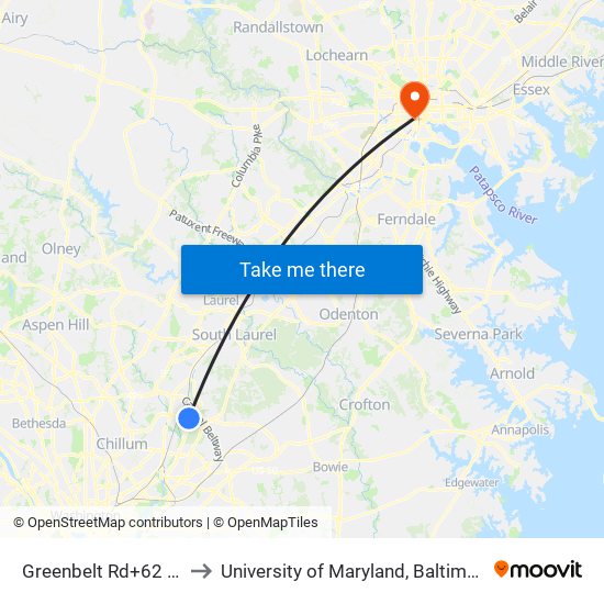 Greenbelt Rd+62 Av to University of Maryland, Baltimore map