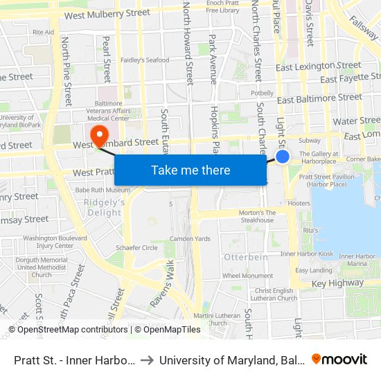 Pratt St. - Inner Harbor (Sb) to University of Maryland, Baltimore map