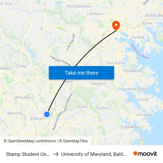 Stamp Student Union to University of Maryland, Baltimore map