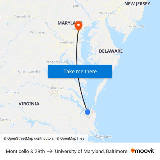 Monticello & 29th to University of Maryland, Baltimore map