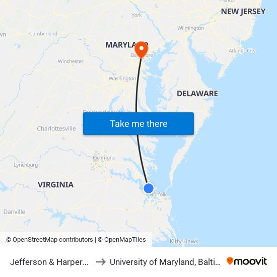 Jefferson & Harpersville to University of Maryland, Baltimore map